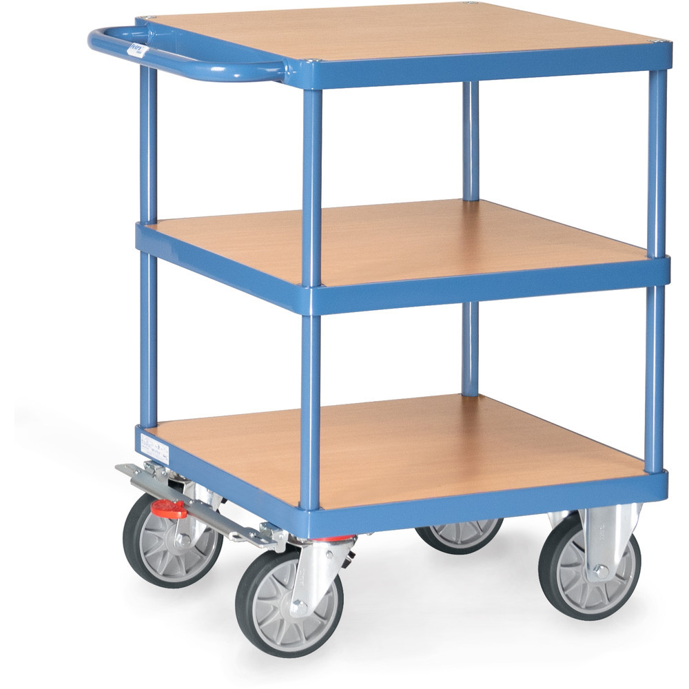 Schwerer Tisch- und Montagewagen, 600x600 mm, 500 kg Tragkraft, 3 Etagen Holzplattform quadratisch