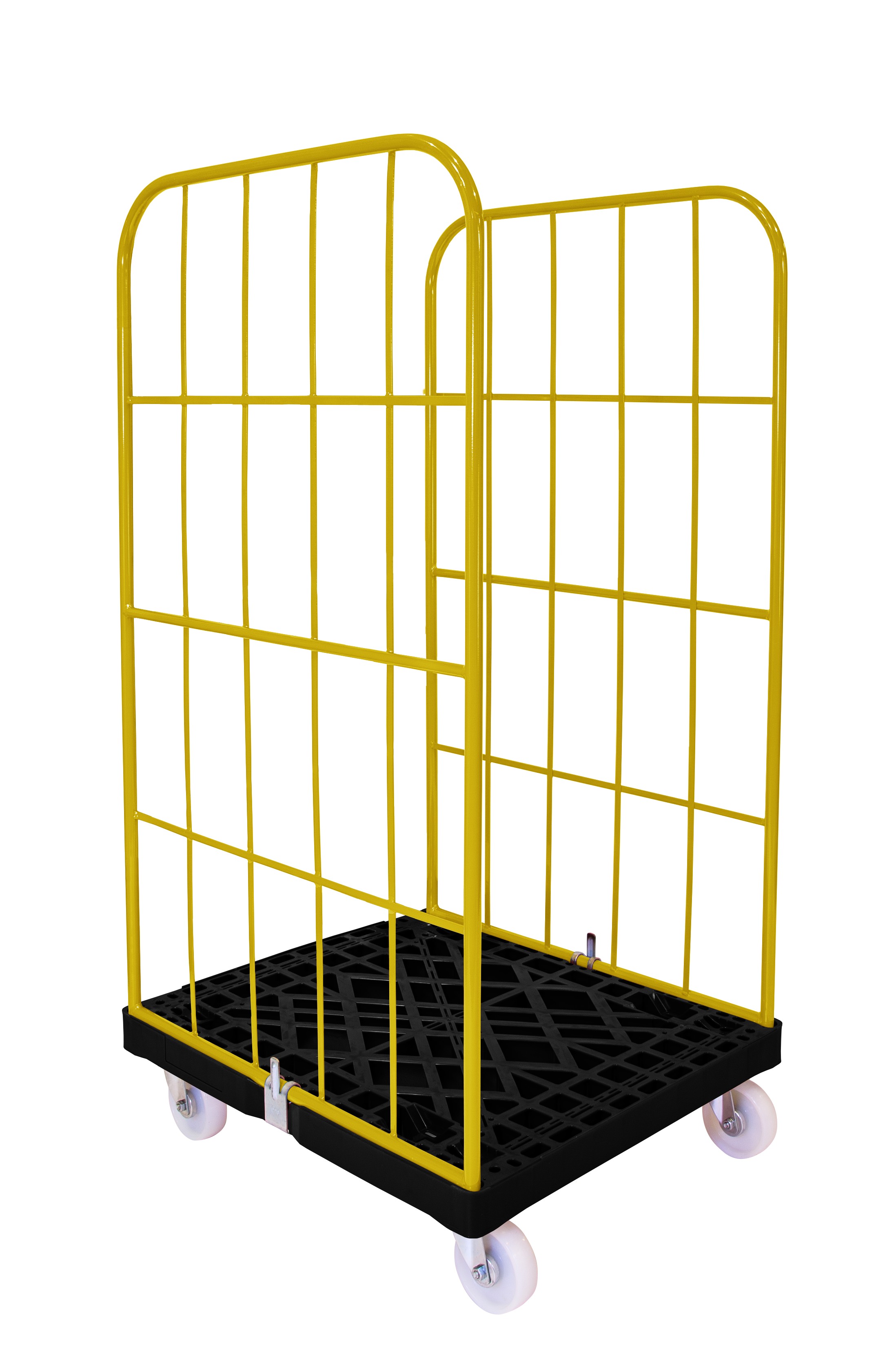 Rollbehälter 2-seitig offen mit Kunststoffboden schwarz, 720x815x1545 mm 500 kg Tragkraft, Gitter narzissengelb