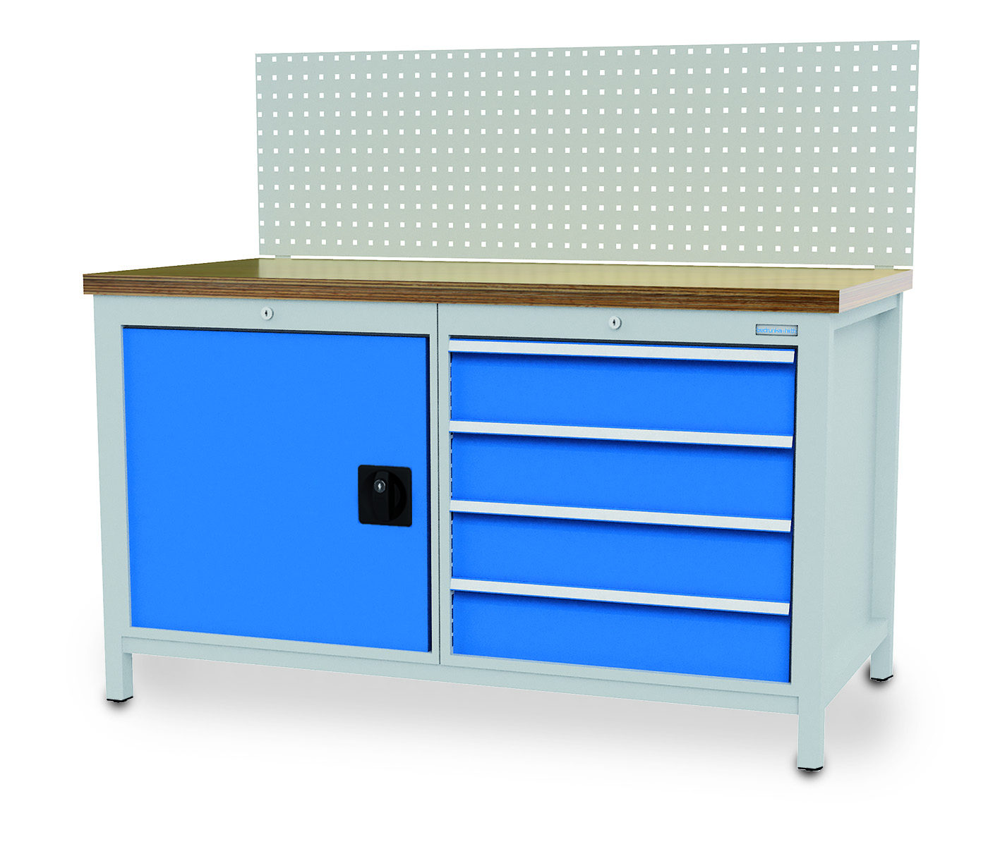 03_15_19VA-03_81_103A_B-H Kastenwerkbank 1500x750x859 mm, mit Lochplatte,1 Schrank, 4 Schubladen, 1000 kg Tragkraft
