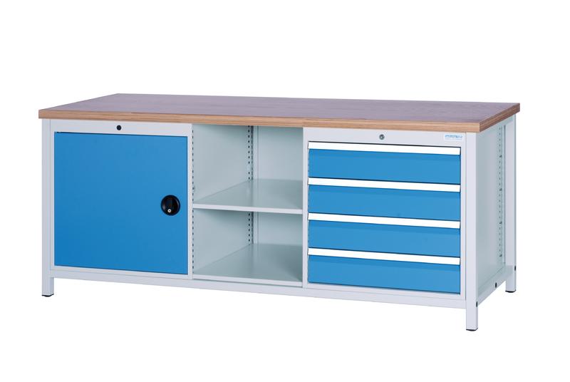 Kastenwerkbank_2000x750x859_mm_1000_kg_Tragkraft_03_20_16VA Kastenwerkbank 2000x750x859 mm, 1 Stahlschrank, 1 Ablagen, 4 Schubladen, 1000 kg Tragkraft