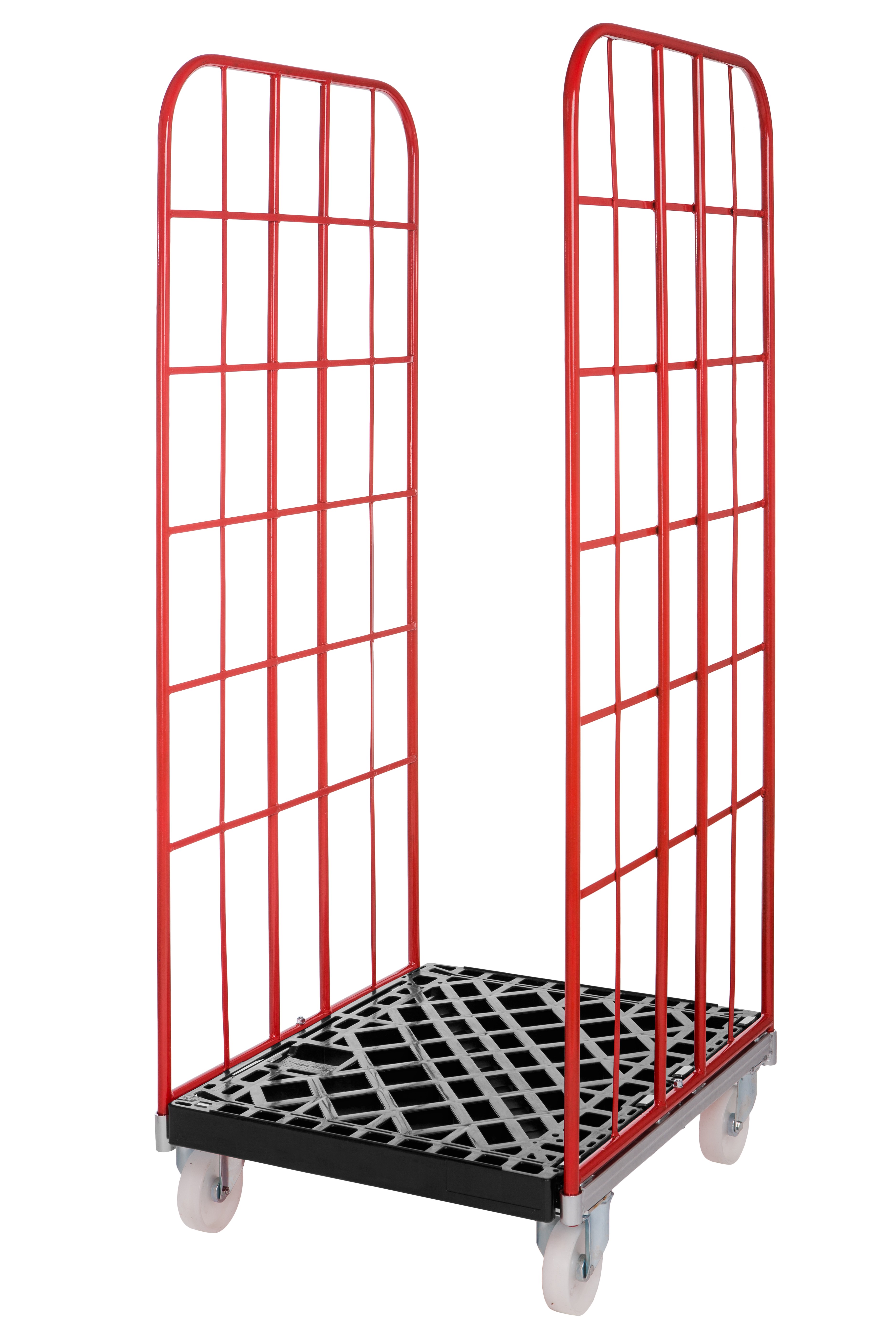 Nestbarer V-Rollbehälter 2-seitig offen mit klappbarem Kunststoffboden schwarz Nutzhöhe 1450 mm 500 kg Tragkraft, Gitter feuerrot