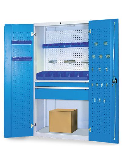 Komplett Multi-Funktionsschrank - Werkzeugschrank mit Sichtlagerkästen, mit 2 Schubladen 1 Fachböden 2 Flügeltüren mit Lochwand 1 Lochwand als Rückwand Komplett Multi-Funktionsschrank - Werkzeugschrank mit Sichtlagerkästen, mit 2 Schubladen 1 Fachböden 2 Flügeltüren mit Lochwand 1 Lochwand als Rückwand