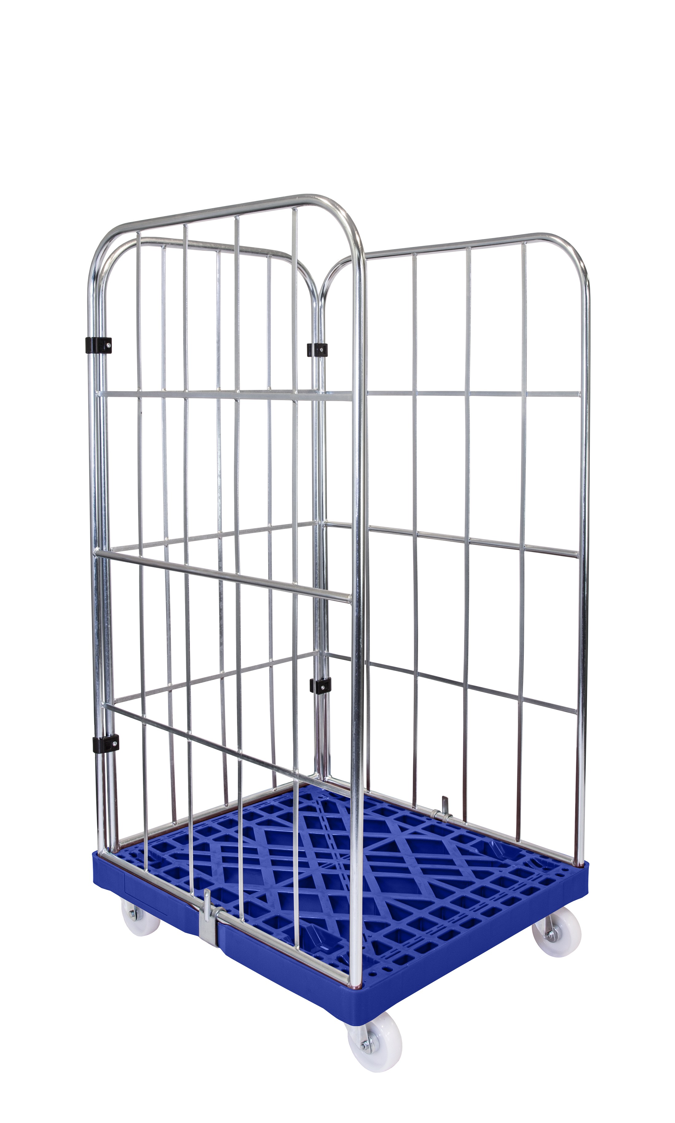 Verzinkter Rollbehälter 3-seitig offen mit Kunststoffboden enzianblau, 720x815x1845 mm 500 kg Tragkraft, Gitter verzinkt