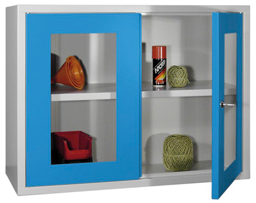 03_080_091_02 Werkstatt-Hängeschrank 800x300x600 mm BxTxH, aus Metall mit 2 Sichtfenstertüren, glatte Rückwand