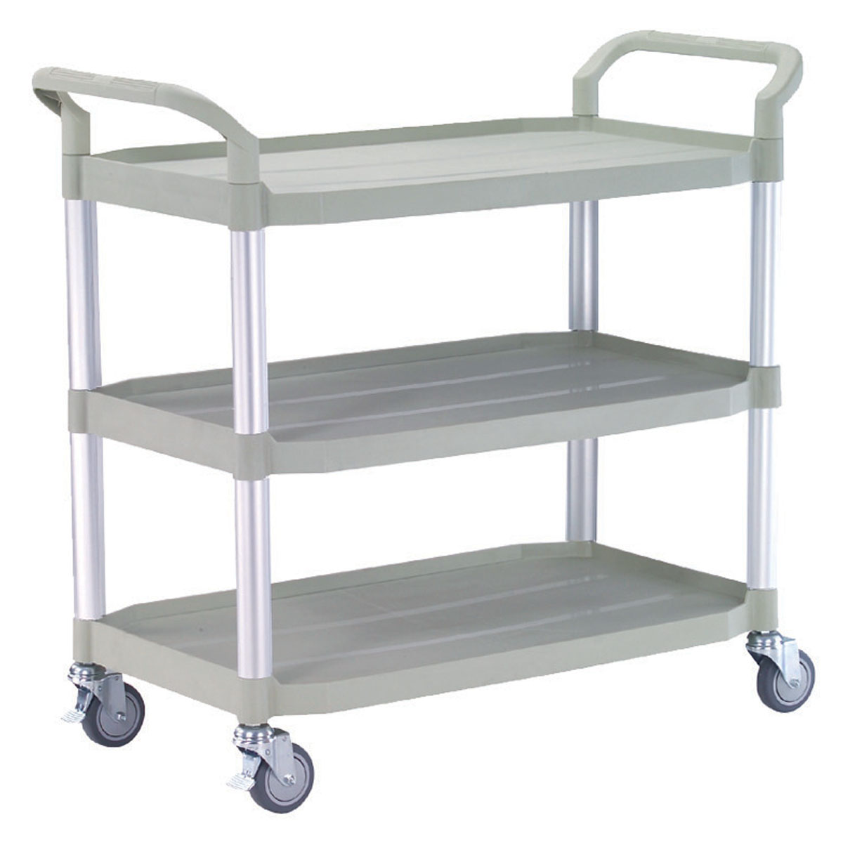 12517-HX-808LA-3-white-6 Tischwagen 1100x520 mm, 240 kg Tragkraft, 3 Etagen + Schiebebügel Kunststoff lichtgrau, Aluminium