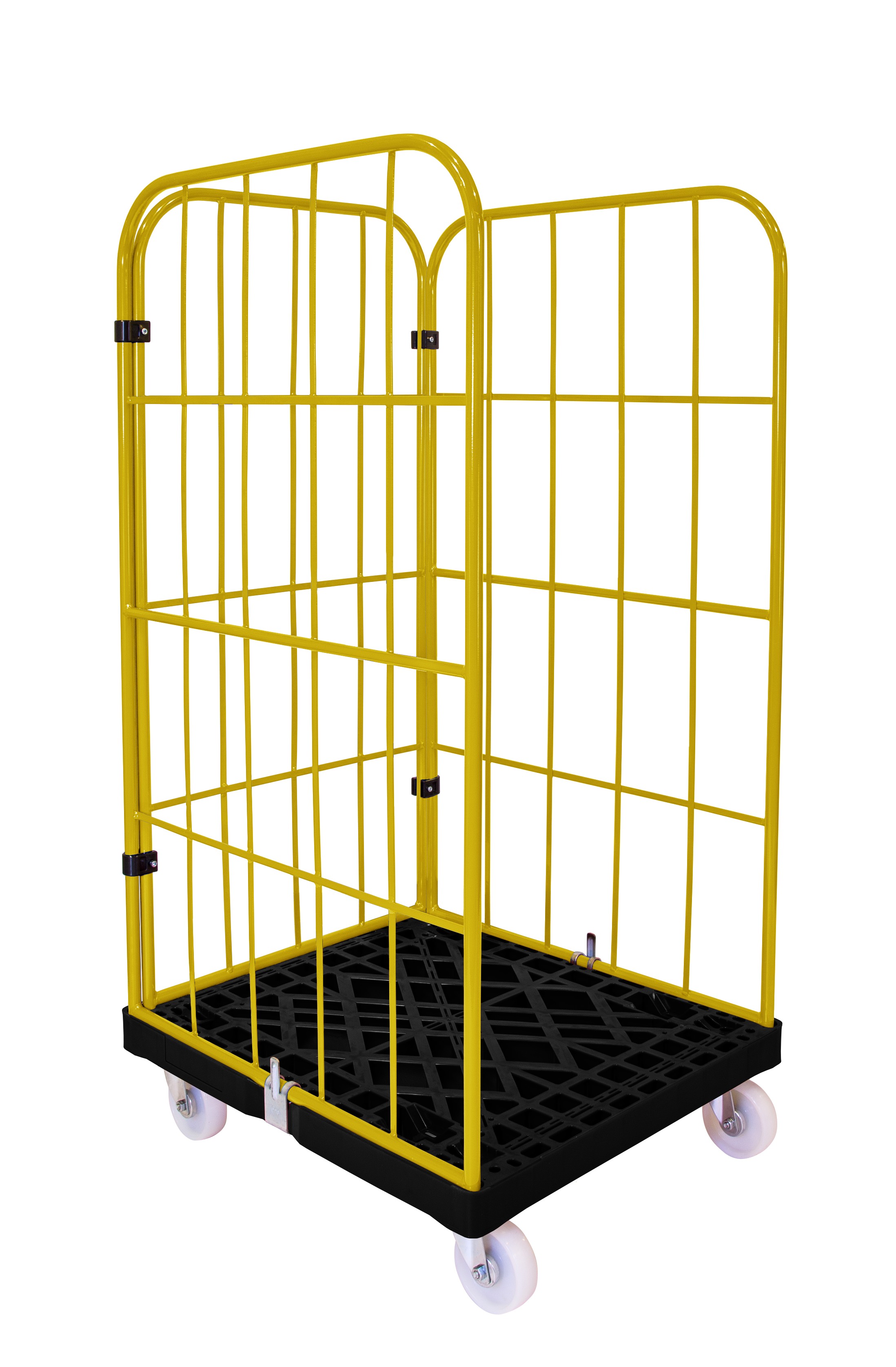 Rollbehälter 3-seitig offen mit Kunststoffboden schwarz, 720x815x1545 mm 500 kg Tragkraft, Gitter narzissengelb