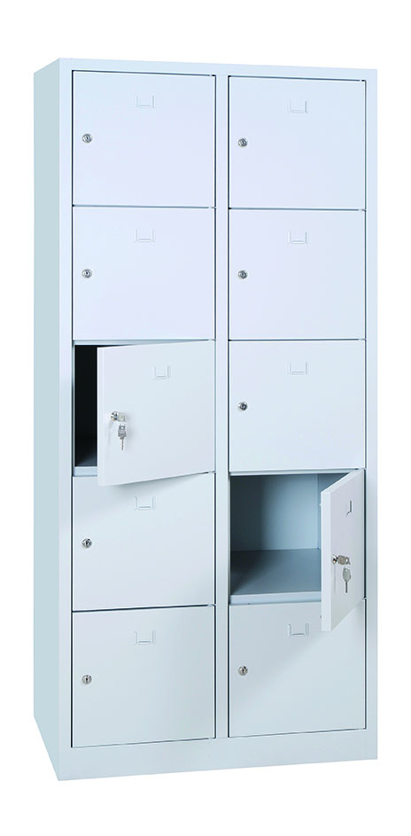 Schließfachschrank Drehriegelverschluss - Stahl-Wertfachschrank - Handyschrank- Kleinfachschrank - 2 Abteile je 5 Fächer übereinander, Gesamt 10 Fächer, RAL 7035 lichtgrau Schließfachschrank Drehriegelverschluss - Stahl-Wertfachschrank - Handyschrank- Kleinfachschrank - 2 Abteile je 5 Fächer übereinander, Gesamt 10 Fächer, RAL 7035 lichtgrau