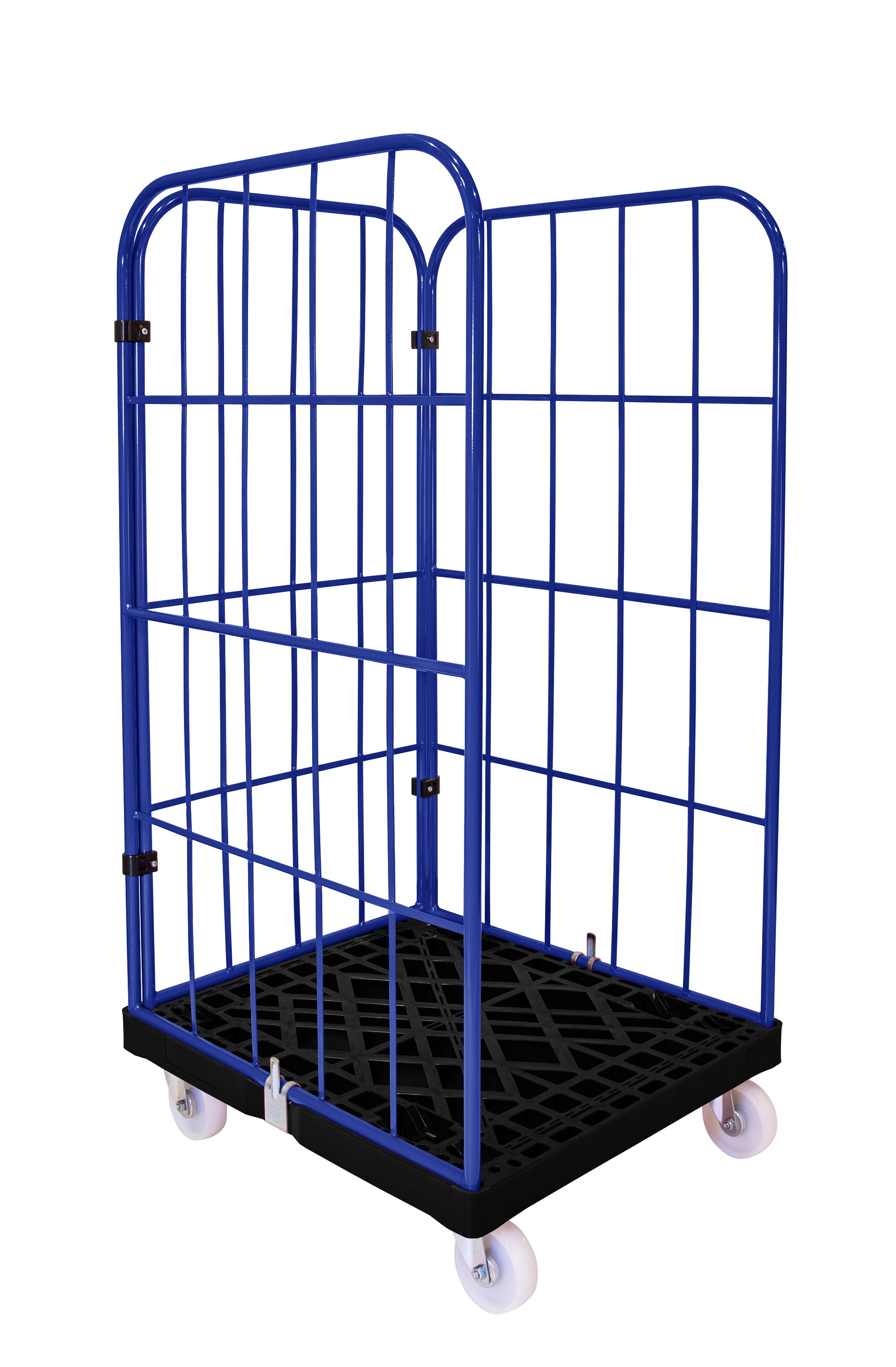 Rollbehälter 3-seitig offen mit Kunststoffboden schwarz, 720x815x1545 mm 500 kg Tragkraft, Gitter enzianblau