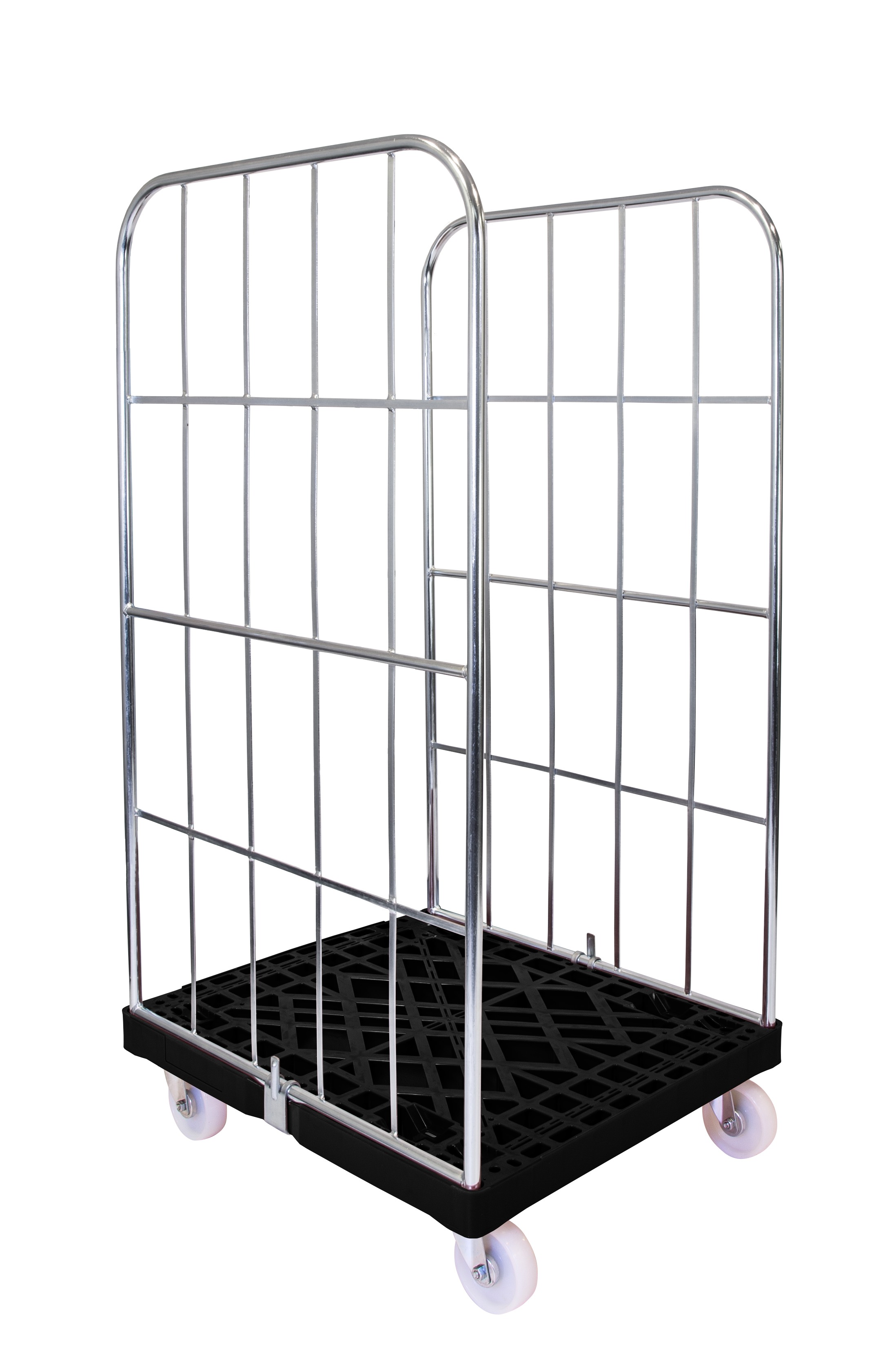 Verzinkter Rollbehälter 2-seitig offen mit Kunststoffboden schwarz, 720x815x1545 mm 500 kg Tragkraft, Gitter verzinkt