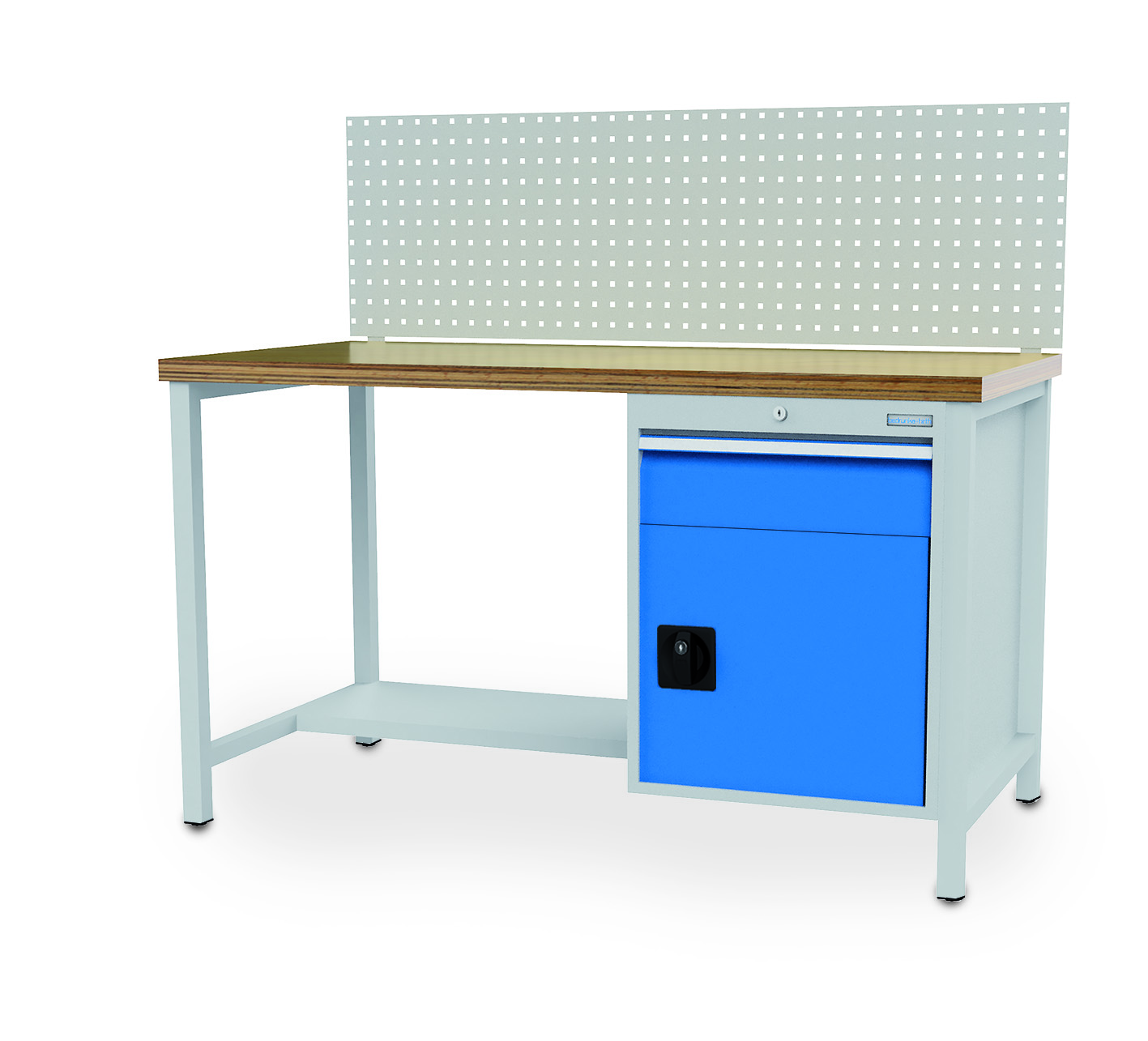 03_14_12VA-03_81_103A_B-H Werkbank mit Lochplatte, 1500x750x859 mm, 1000 kg Tragkraft, 1 Schublade, 1 Schrank