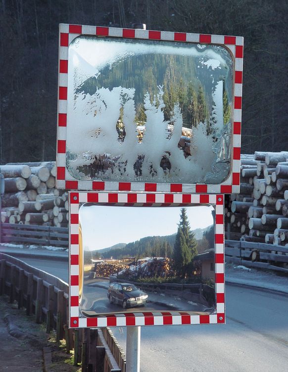 242-14-389-Doppelfoto Verkehrsspiegel DURABEL IceFree, 600 x 800 mm, aus Edelstahl, Beobachterabstand 10 m