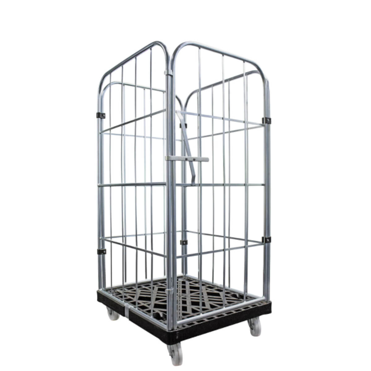 Verzinkter Rollbehälter 4-seitig mit Tür, Kunststoffboden schwarz, 720x815x1545 mm 500 kg Tragkraft, Gitter verzinkt