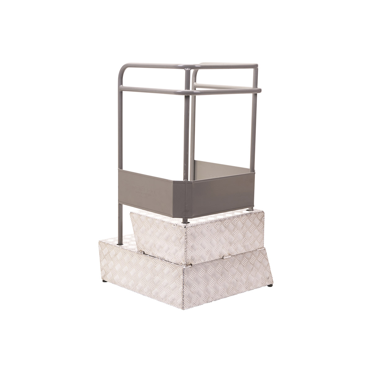 Lade- und Podesttreppe 2 Stufen, 728 x 650 x 1178 mm, 3-seitiges Geländer 220 kg Tragkraft, fahrbar durch 4 Lenkräder Lade- und Podesttreppe 2 Stufen, 728 x 650 x 1178 mm, 3-seitiges Geländer 220 kg Tragkraft, fahrbar durch 4 Lenkräder