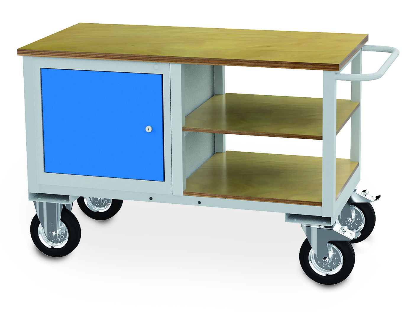 04_12_80A_B-H Mobile Werkbank 1200x600x820 mm, 500 kg Tragkraft, 1 Flügeltür, 2 Holzfachböden, fahrbar