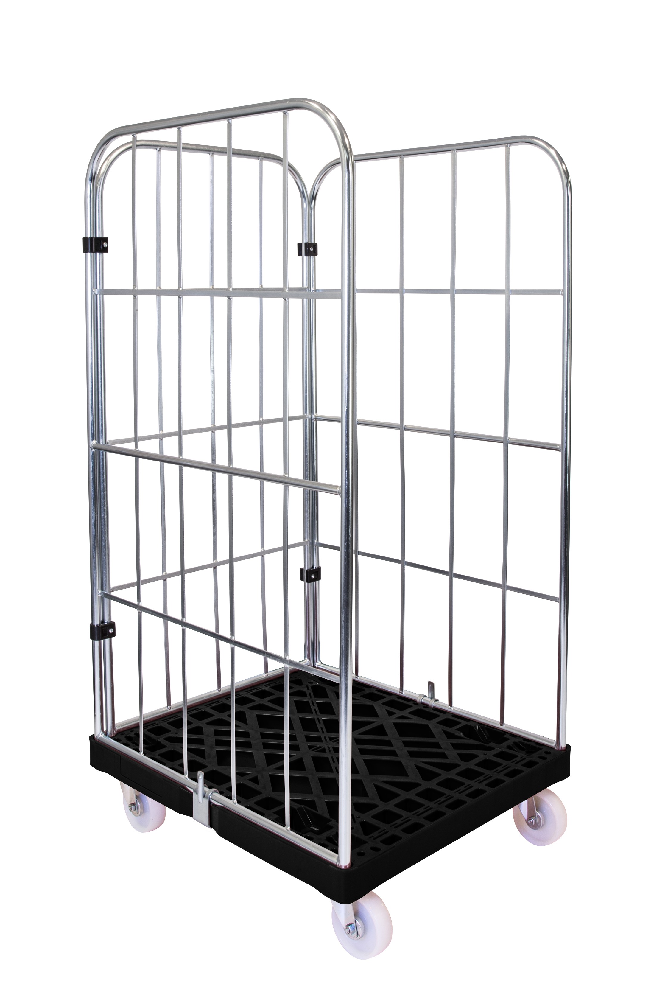 Verzinkter Rollbehälter 3-seitig offen mit Kunststoffboden schwarz, 720x815x1545 mm 500 kg Tragkraft, Gitter verzinkt