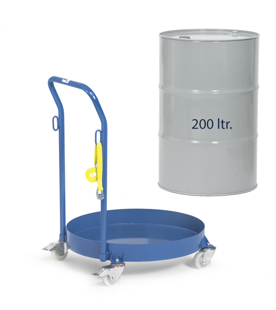 Fassroller 250 kg Tragkraft für 200 Liter Fässer, mit Schiebebügel Höhe 894 mm, 4 Lenkrollen