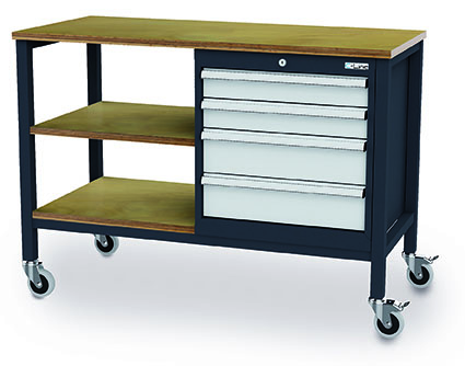 CL604MKW13_Simplaflex Mobile Werkbank 1300x600x960 mm, mit 2 Ablagen und 4 Schubladen, 400 kg Tragkraft, fahrbar