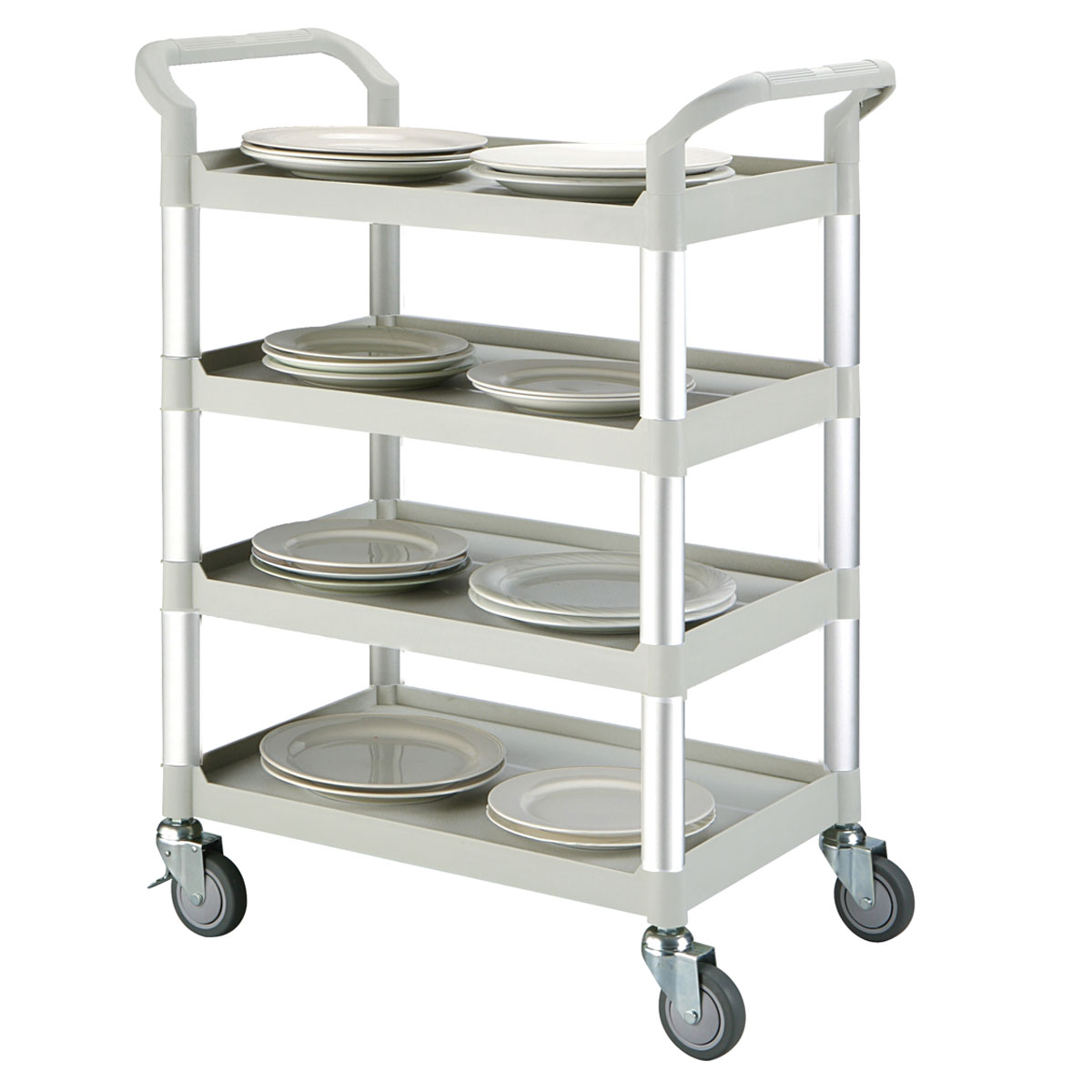 12511-RA-808I-3-white-9 Geschirr- und Servierwagen mit 4 festen Böden lichtgrau, 240 kg Tragkraft, 850 x 480 x 1080 mm, Alu