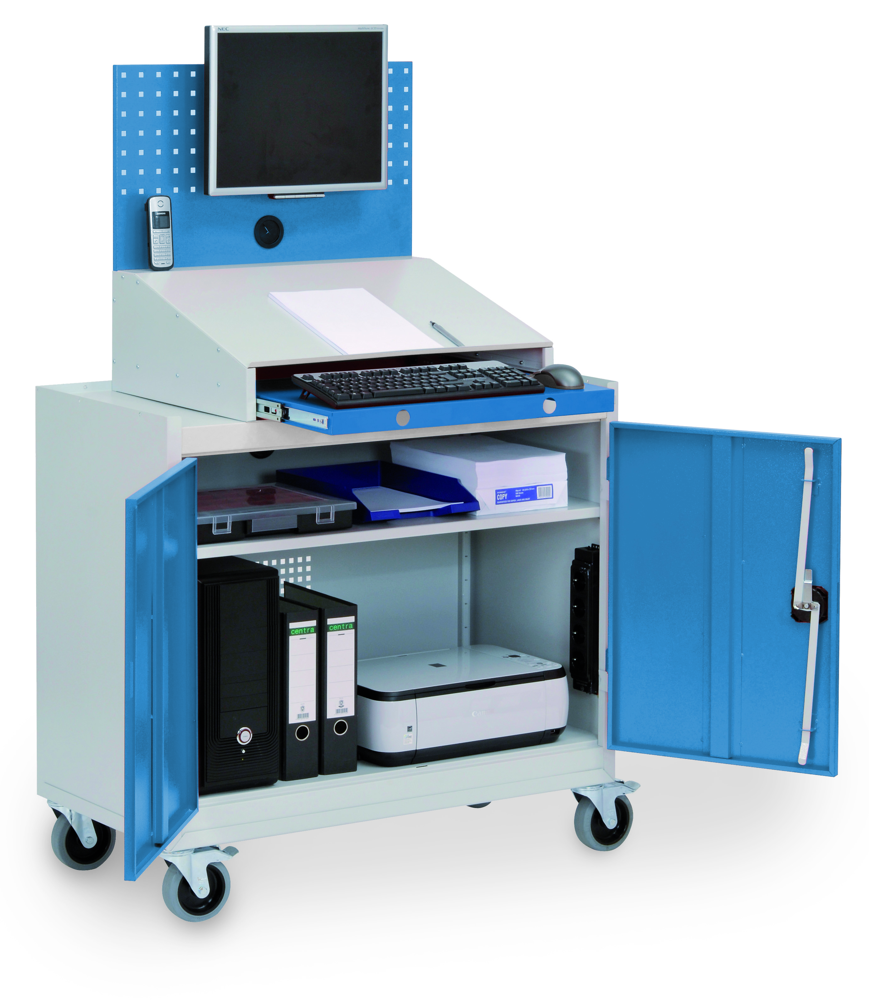 04_180_C02_RAL5012_B-H Fahrbarer PC + Computerschrank mit Arbeitsplatte für PC, Monitorwand, Tastaturfach, 1000x500x1610 mm