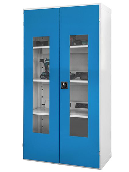 Akku-Ladeschrank Höhe 1838 mm mit 1 x E-Fachboden mit 6 x Schuko-Steckdosen mit Kippschalter und Sichtfenstertüren, 3 Stahlfachböden Akku-Ladeschrank Höhe 1838 mm mit 1 x E-Fachboden mit 6 x Schuko-Steckdosen mit Kippschalter und Sichtfenstertüren, 3 Stahlfachböden