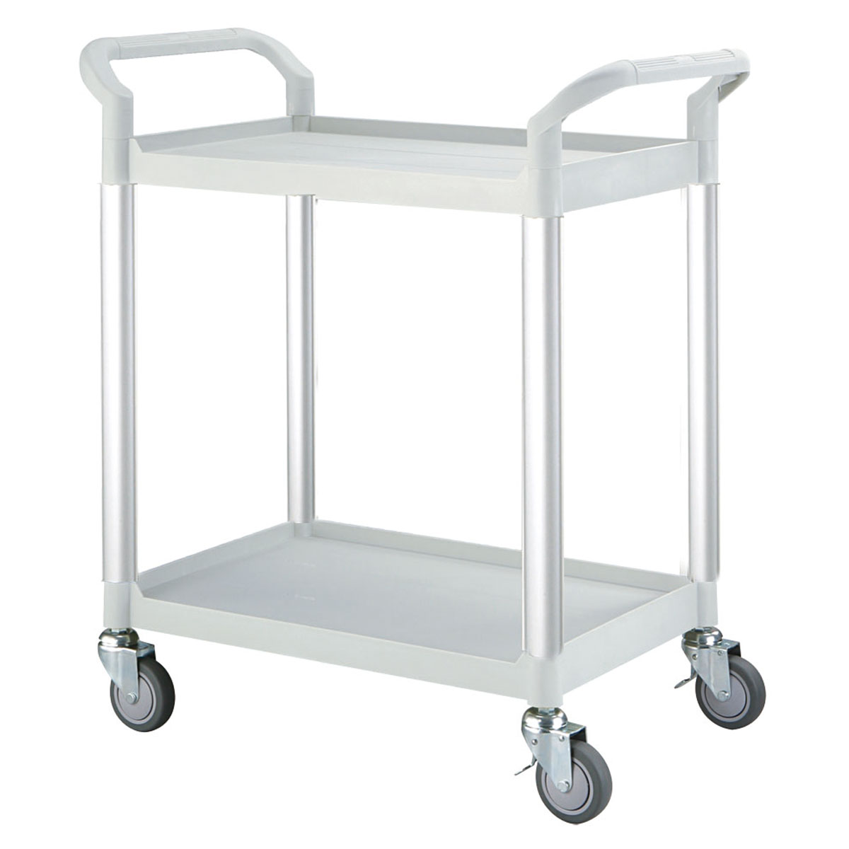 12508-RA-808E-3-white-9 Tischwagen 850x480 mm, 250 kg Tragkraft, Etagen + Schiebebügel aus Kunststoff lichtgrau, Aluminium