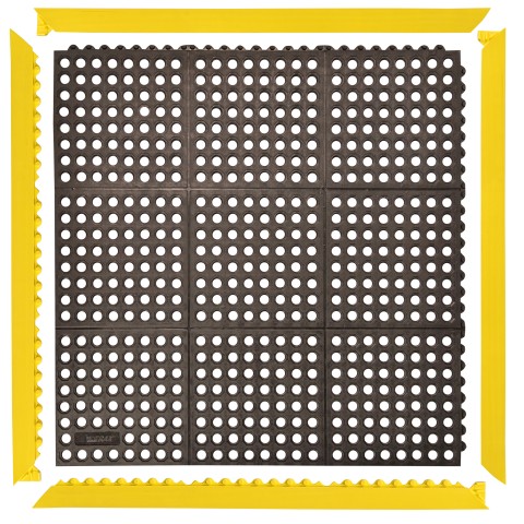 550-Small Anti-Ermüdungsmatte Cushion Ease, 1,04 qm, gelocht schwarz mit Signalrand gelb (1018x1018 mm)