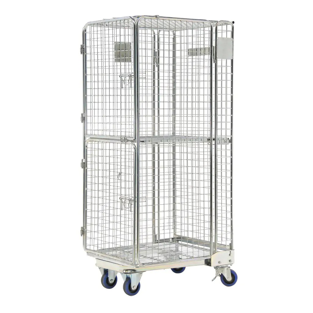 Nestbarer Anti-Diebstahl-Rollbehälter verzinkt 5-seitig geschlossen, Gitterpalette 850x715x1900 mm, Nutzhöhe 1640 mm 500 kg Tragkraft