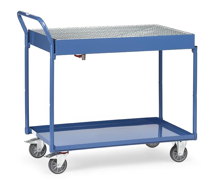 Tischwagen_mit_oeldichter_Wanne_und_Gitterrost_300_kg_Tragkraft_2722 Tischwagen mit öldichten Wannen und Gitterrost, 300 kg Tragkraft, 1000x600 mm Ladefläche