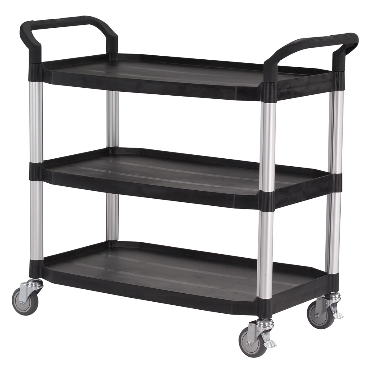 12482-RA-808LA-black-9 Tischwagen 1100x520 mm, 240 kg Tragkraft, 3 Etagen + Schiebebügel Kunststoff schwarz, Aluminium