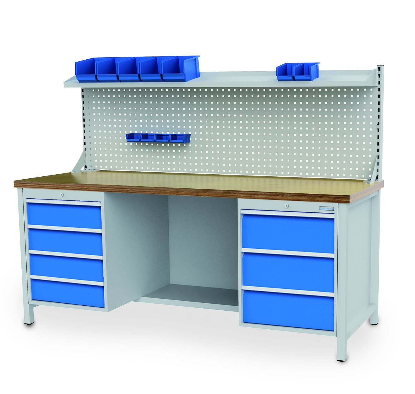03_19_29VA-03_900_20_25A_B-H Kastenwerkbank 2000x750x859 mm, mit Lochplatte,1 Fach, 7 Schubladen, 1000 kg Tragkraft