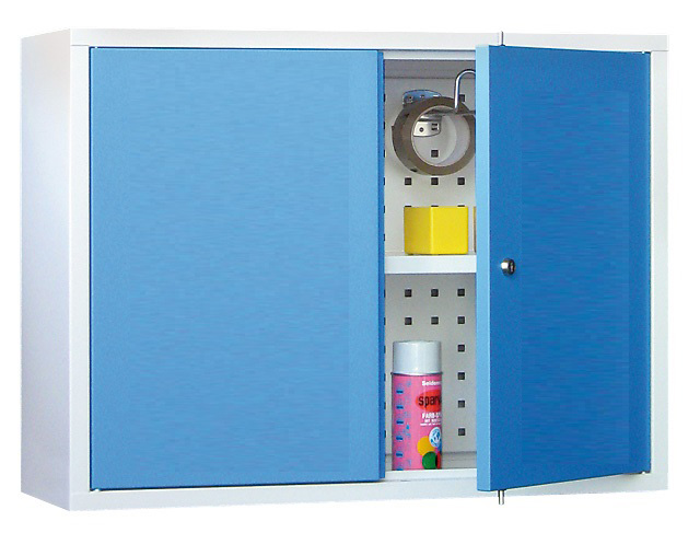 03_080_101A Werkstatt-Hängeschrank 800x300x600 mm BxTxH, aus Metall mit 2 Vollblechtüren, Lochblech-Rückwand