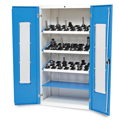 04_2118_00_3A CNC Werkzeugschrank 980x500x1838 mm, mit Fenster inkl. 3 Werkzeugaufnahmerahmen, CNC-Einsätze