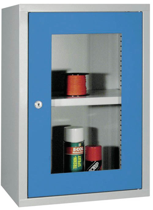 03_040_091 Werkstatt-Hängeschrank 400x300x600 mm BxTxH, aus Metall mit Sichtfenstertür, glatte Rückwand