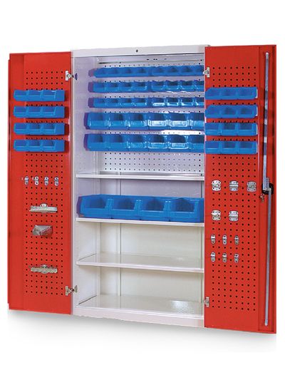 Komplett Multi-Funktionsschrank - Werkzeugschrank mit Sichtlagerkästen 3 Fachböden 2 Flügeltüren mit Lochwand 1 Lochwand als Rückwand und Hakensortiment Komplett Multi-Funktionsschrank - Werkzeugschrank mit Sichtlagerkästen 3 Fachböden 2 Flügeltüren mit Lochwand 1 Lochwand als Rückwand und Hakensortiment