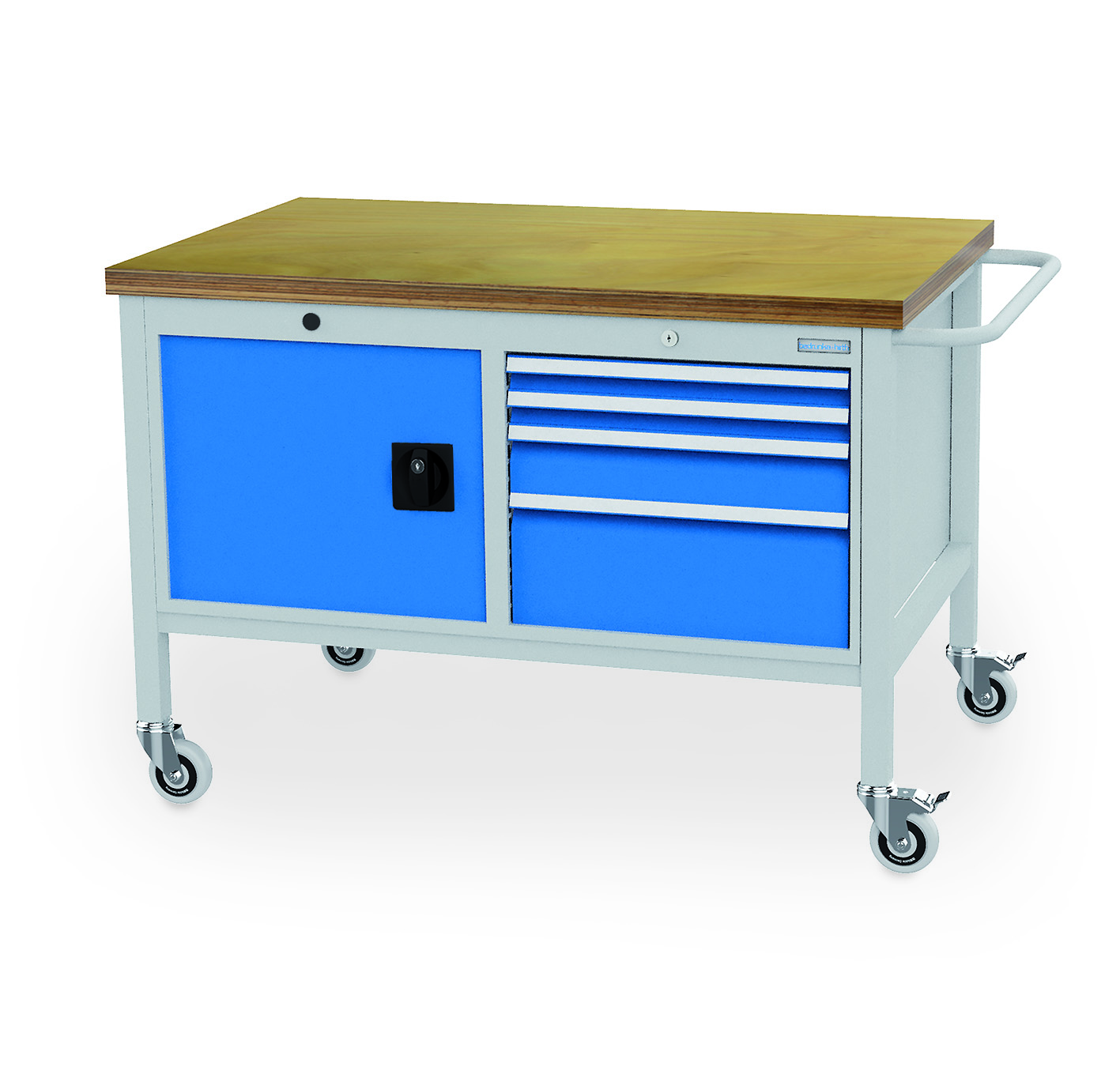 04_12_05VA_B-H Mobile Werkbank 1250x750x859 mm, 500 kg Tragkraft, 4 Schubladen, 1 Flügeltür, fahrbar