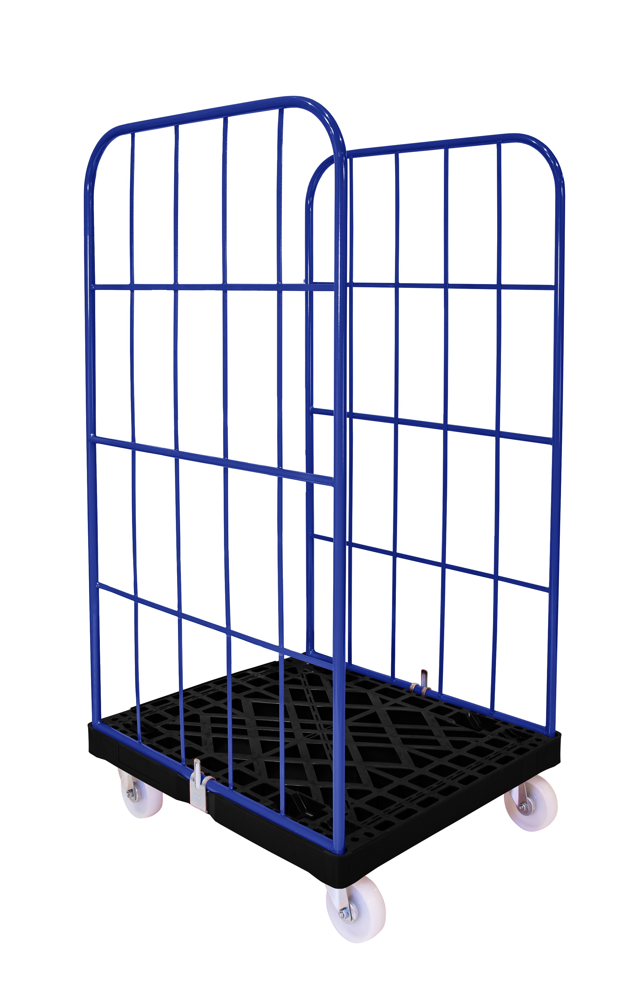 Rollbehälter 2-seitig offen mit Kunststoffboden schwarz, 720x815x1545 mm 500 kg Tragkraft, Gitter enzianblau