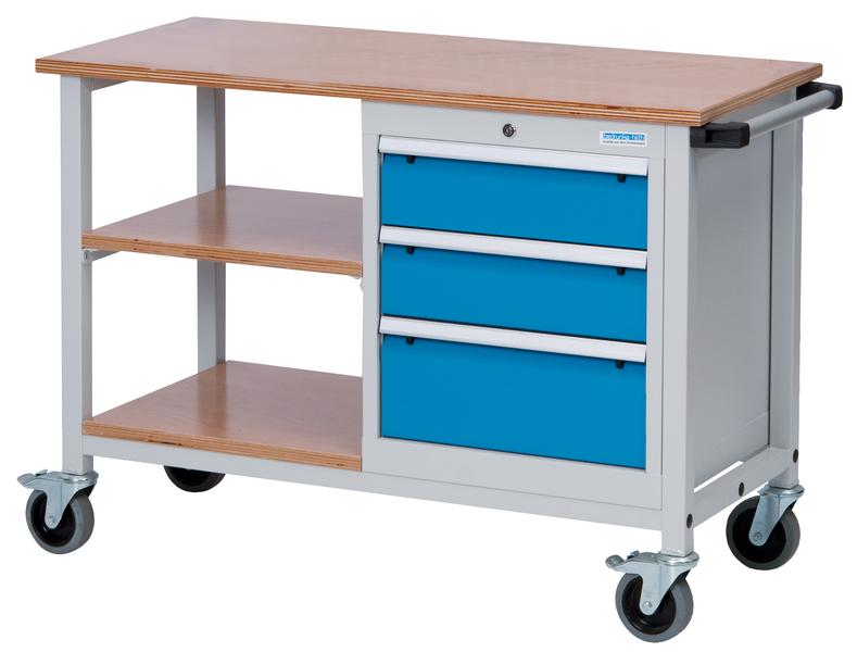 Mobile_Werkbank_1250540x880_mm_400_kg_Tragkraft_04_512_03A Mobile Werkbank 1200x540x880 mm, mit 2 Ablagen und 3 Schubladen, 400 kg Tragkraft, fahrbar