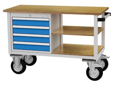 Mobile Werkbank 1200x540x820 mm, 500 kg Tragkraft, 4 Schubladen, 2 seitliche offene Ablagen, Schiebegriff, fahrbar Mobile Werkbank 1200x540x820 mm, 500 kg Tragkraft, 4 Schubladen, 2 seitliche offene Ablagen, Schiebegriff, fahrbar
