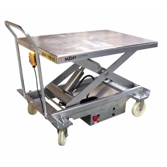 Elektrischer Edelstahl-Hubtischwagen SAXLIFT 1000 kg Tragkraft, 800x1200 mm Ladefläche, Hubhöhe 1240 mm