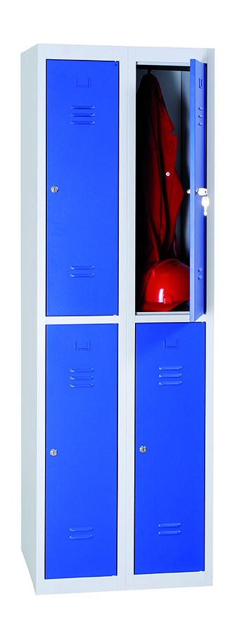Garderoben-Stahlspind Breite 600 mm Drehriegelverschluss mit Sockel 2 Abteile für 4 Personen RAL7035/5010 Garderoben-Stahlspind Breite 600 mm Drehriegelverschluss mit Sockel 2 Abteile für 4 Personen RAL7035/5010