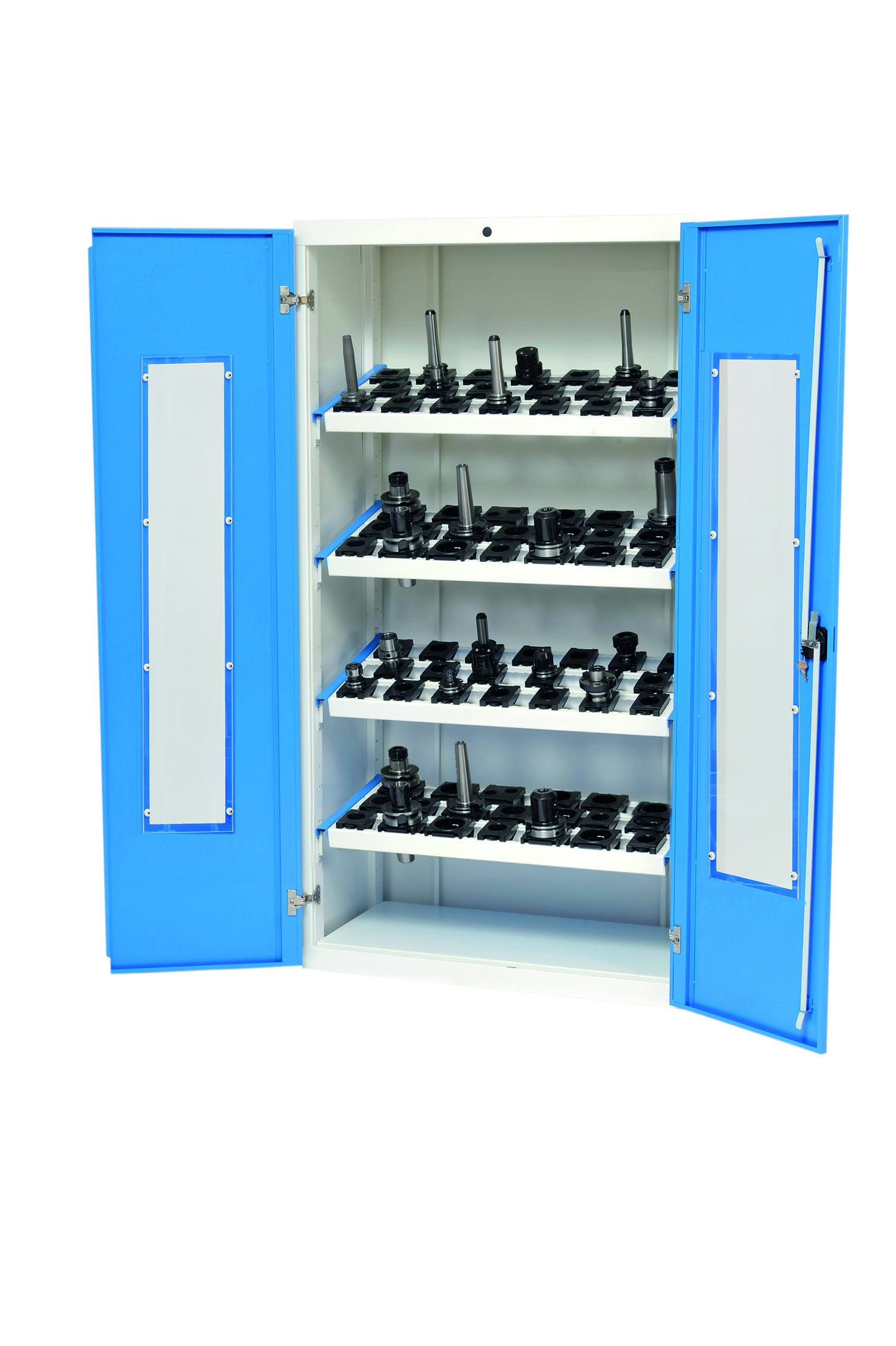 04_2118_00A CNC Werkzeugschrank 980x500x1838 mm, mit Fenster, inkl. 4 Werkzeugaufnahmerahmen, CNC-Einsätze