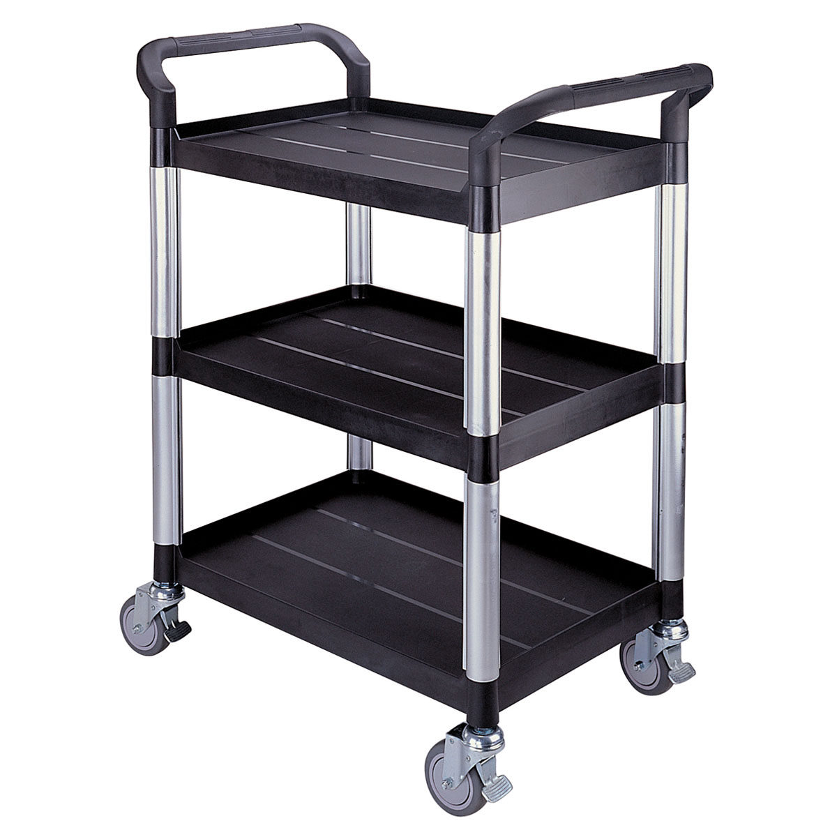 12480-RA-808A-black-6 Tischwagen 850x480 mm, 250 kg Tragkraft, 3 Etagen + Schiebebügel aus Kunststoff schwarz, Aluminium