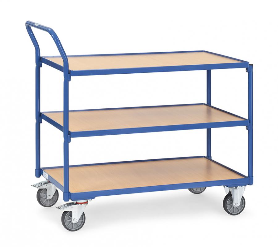 Tischwagen_300_kg_Tragkraft_1000x600_mm_3_Etagen_2752 Tischwagen 1000x600 mm, 300 kg Tragkraft, 3 Etagen, Holzplattformen