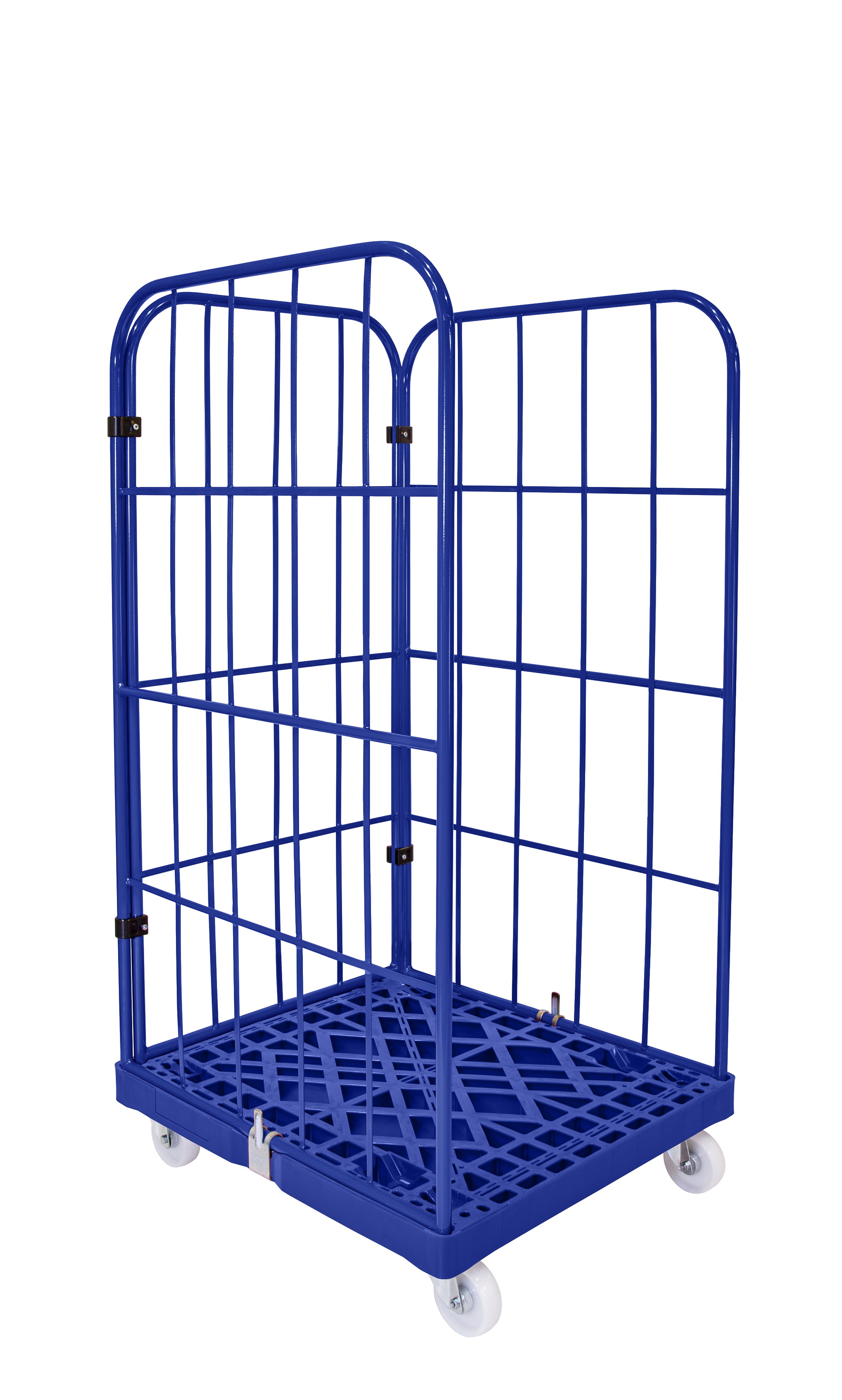 Rollbehälter 3-seitig offen mit Kunststoffboden enzianblau, 720x815x1545 mm 500 kg Tragkraft, Gitter enzianblau