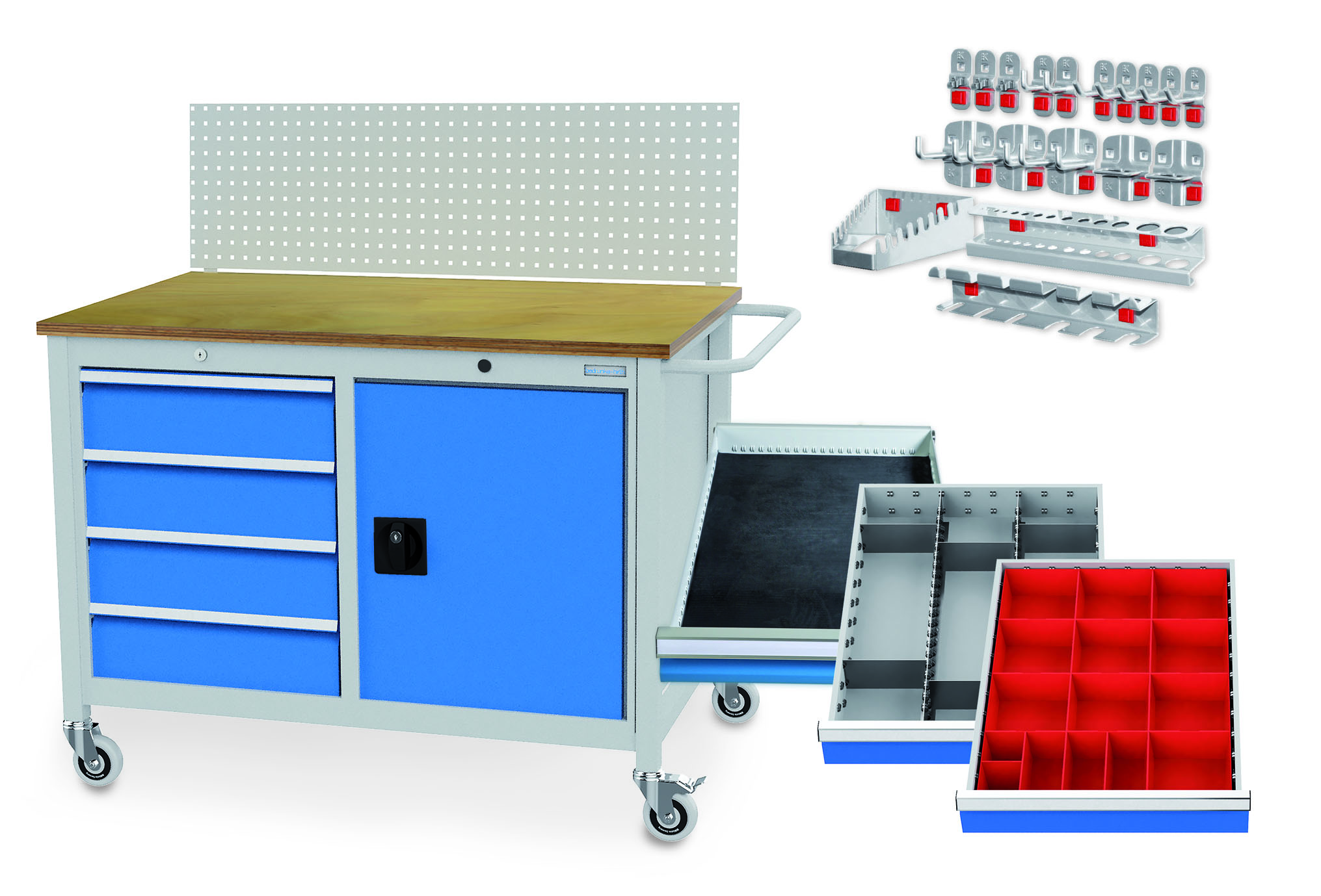 04_12_19VAK_B_H_01 Mobile Werkbank komplett, 1250x750x935 mm, 500 kg Tragkraft, 4 Schubladen, 1 Flügeltür