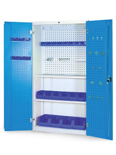 Kompletter Multi-Funktionsschrank - Werkzeugschrank mit Sichtlagerkästen, mit 2 Fachböden fest, 2 Flügeltüren mit Lochwand 1 Lochwand als Rückwand Kompletter Multi-Funktionsschrank - Werkzeugschrank mit Sichtlagerkästen, mit 2 Fachböden fest, 2 Flügeltüren mit Lochwand 1 Lochwand als Rückwand