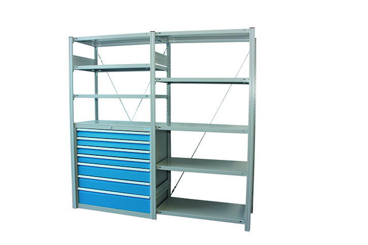 90_421A Schubladenschrank-Fachbodenregal 2000x1000 mm, mit Grund- und Anbauregal verzinkt, 7 Schubladen