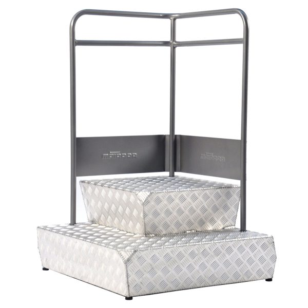 13047-Steppplatform-front-9-600x600 Lade- und Podesttreppe 2 Stufen, 790 x 790 x 1370 mm, 2-seitiges Geländer 220 kg Tragkraft, fahrbar durch 4 Lenkräder