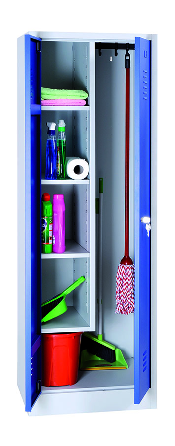 Besenschrank + Reinigungsschrank, 600 mm breit, 2 Türen abschließbar, mit Sockel, 1800x600x500 mm, Korpus RAL 7035, Türen RAL 5010 Besenschrank + Reinigungsschrank, 600 mm breit, 2 Türen abschließbar, mit Sockel, 1800x600x500 mm, Korpus RAL 7035, Türen RAL 5010