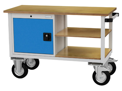 04_12_90_B_H Mobile Werkbank 1200x540x820 mm, 500 kg Tragkraft,1 Flügeltür, 2 Holzfachböden fahrbar